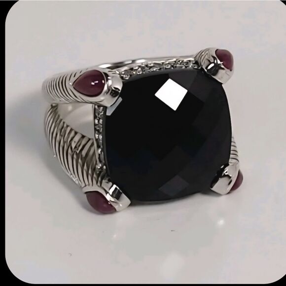 Judith Ripka Jewelry - JUDITH RIPKA SQUARE BLACK FACETED ONYX GEM WITH RUBY ACCENTS